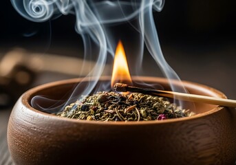 Aromatic incense burning with a match in a wooden bowl creating a calming and peaceful atmosphere for meditation