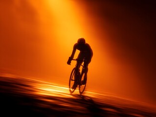 Silhouette of Cyclist Riding on Road with Dramatic Light Effects