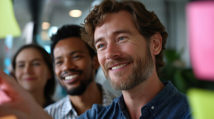 Obraz premium Innovative Team Brainstorming Session with Sticky Notes in Office