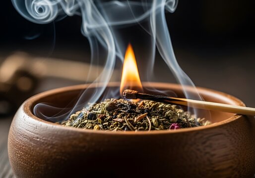 Aromatic incense burning with a match in a wooden bowl creating a calming and peaceful atmosphere for meditation