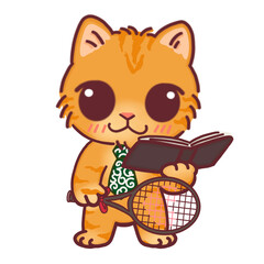 Cute Cartoon Cat Learning Tennis, Kitten with Racket and Book