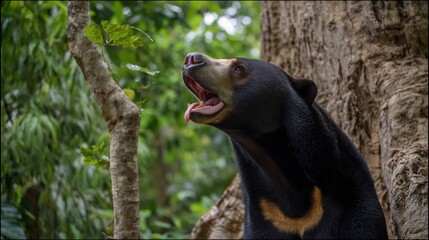 Sun bear standing near a tree trunk in a Southeast Asian rainforest licking honey with its long tongue