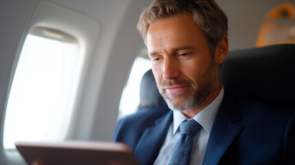 Business professional working on a tablet in a business class cabin
