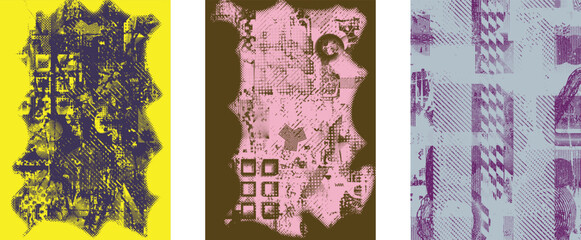 Glitch distorted geometric shape . Noise destroyed logo . Trendy cyber punk poster . Glitched frame .Grunge textured . Distressed effect .Vector shapes with a halftone dots screen print texture.