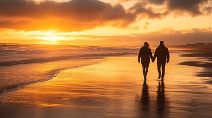 A couple strolls along a sandy beach at sunset.