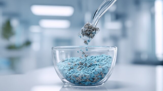 Detailed medium shot of clear feedingtube flush solution with synbiotic sachet dissolving focused powder and liquid interaction blurred hospital room ambiance in background.