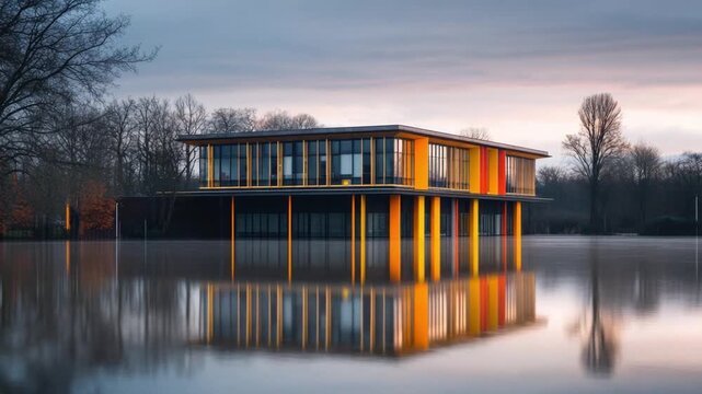 Experience architectural elegance with this captivating footage of a house over calm water. Perfect for showcasing modern design and natures tranquility. Generative AI