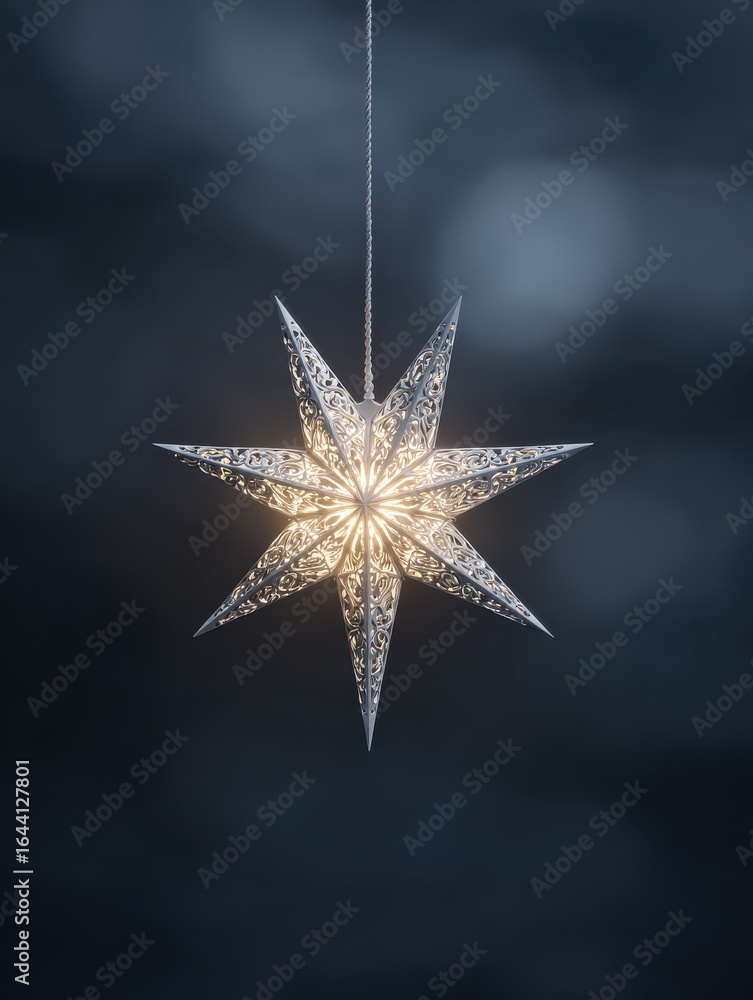 Poster a white christmas star hanging from a string created with generative ai technology