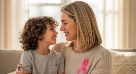 Mother and child embracing with pink ribbon for breast cancer awareness
