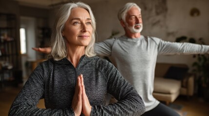 fit middle aged 50s family couple doing fitness yoga morning exercise at home sporty healthy old mature man and woman training together standing in living room active seniors sport stretching no logo