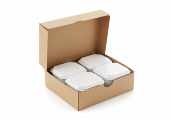 Food delivery box with sealed paper containers inside, kraft packaging, isolated on white 