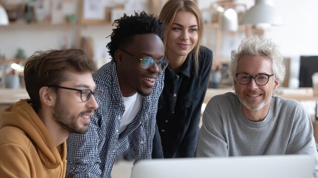 four diverse multiracial young professional business startup gen z team students group working on project listen to asian leader in contemporary office classroom with gadgets diversity concept no log