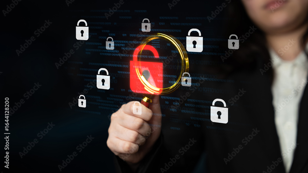 Poster digital security concept illustrating a cybersecurity breach, with a red unlocked padlock indicating