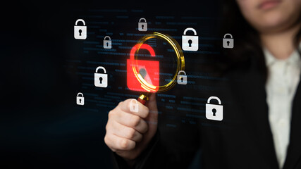 Digital security concept illustrating a cybersecurity breach, with a red unlocked padlock indicating data exposure among secure systems, emphasizing system vulnerability and risk Latch
