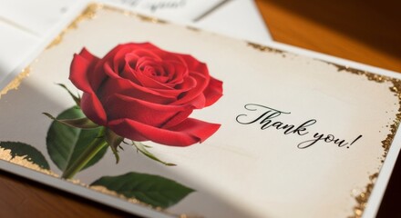 Red rose on a thank you card with elegant golden glitter edges. Appreciation message for special occasions and holidays.