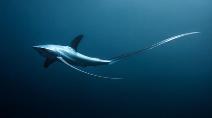 Fototapeta premium Thresher shark slicing through the deep ocean its long tail trailing behind like a ribbon