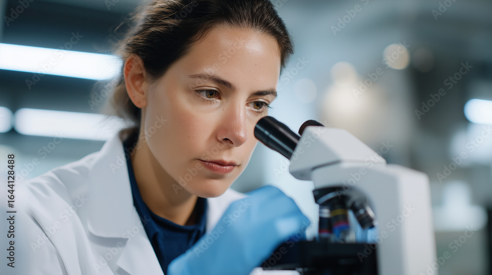 Poster scientist in lab coat examining sample under microscope