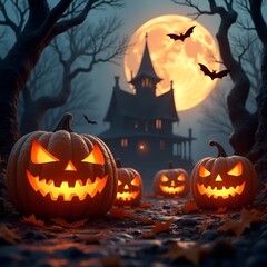 Spooky Halloween Background with Haunted House, Full Moon, and Glowing Jack-O’-Lanterns