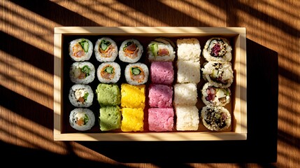 Assorted sushi rolls in a wooden box.