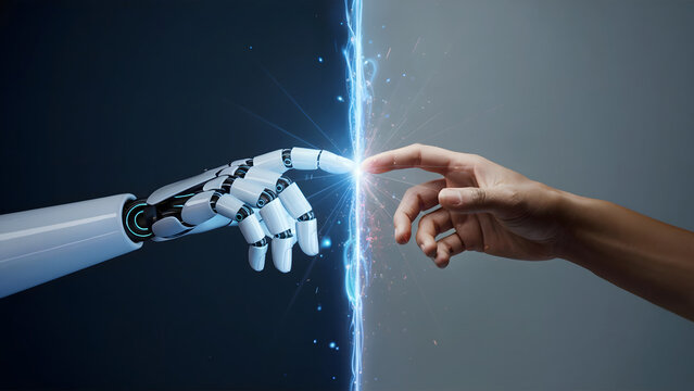 Human hand touching a robot hand across a digital barrier, symbolizing human-AI interaction and connection