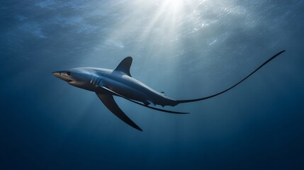 Thresher shark slicing through the deep ocean its long tail trailing behind like a ribbon