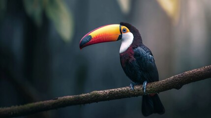 Fototapeta premium Toucan perched on a vibrant rainforest branch its colorful beak glowing in the filtered sunlight