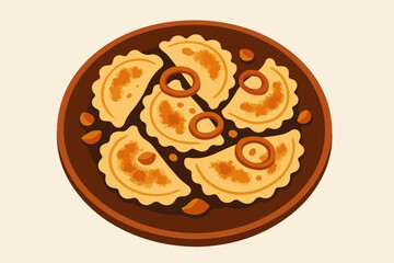 Pan-Fried Polish Pierogi with Onions Vector Illustration, Plate of Dumplings