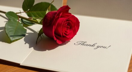 Red rose on a thank you card. Gratitude concept for appreciation, celebration, or gifting on special occasions.