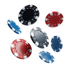 Naklejka premium Scattered casino poker chips in red, blue, and black isolated on transparent background