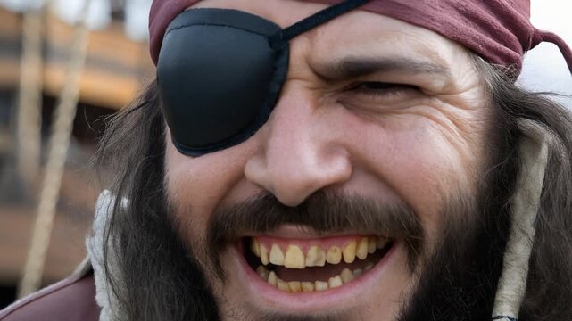 A pirate with an eye patch and a bandana laughing heartily, embodying the spirit of adventure and mischief.