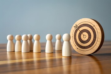 Wooden figures and dartboard representing business target and strategy