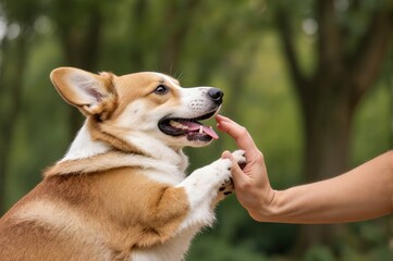 Corgi dog giving a paw to a person's hand in an outdoor setting