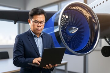Professional man working on laptop in aviation setting near jet engine showcasing modern technology and business focus