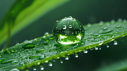 water drops on a green leaf