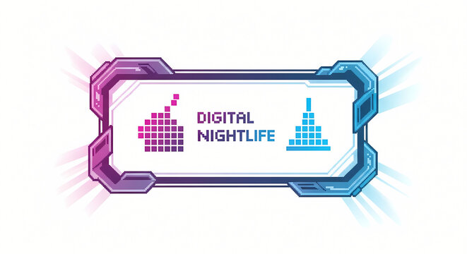 Digital Nightlife Futuristic Banner with Pixel Art Icons and Neon Glow Frame Design