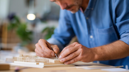 Architect's Hands Adjusting Detailed Model with Precision