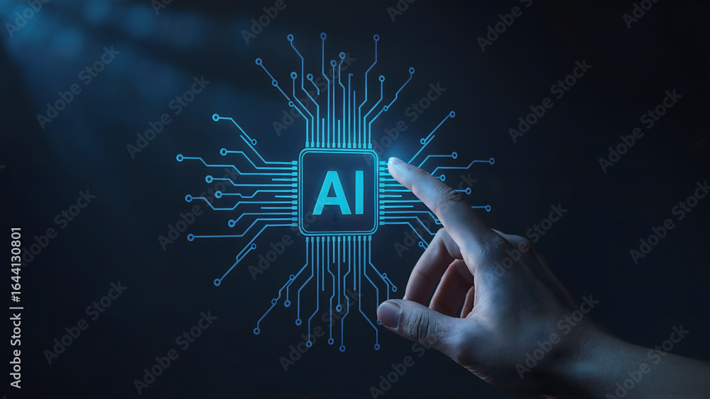 Poster digital illustration of a human hand touching an ai chip, representing artificial intelligence and c