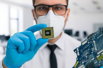 Laboratory Technician Holding a Microprocessor Chip in a Modern Tech Workspace for Research and Development Purposes