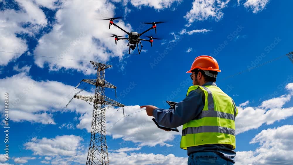 Poster technician uses a drone to inspect power lines under a partly cloudy sky, ensuring infrastructure ma