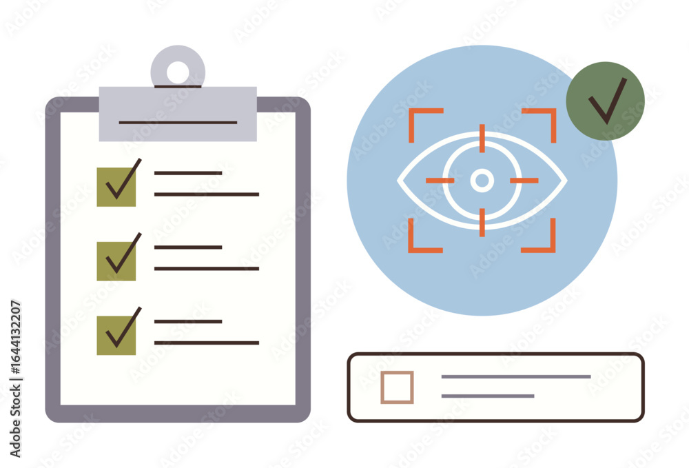 Poster clipboard with checkmarks, an eye in a focus frame, and a checkbox with a tick. ideal for organizati
