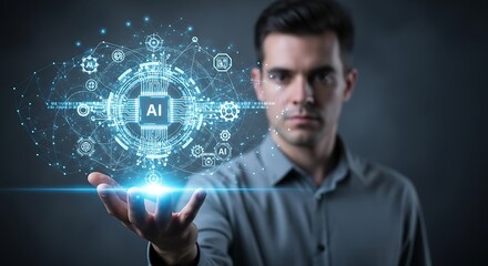 Obraz premium Businessman holding ai graphic representing artificial intelligence technology
