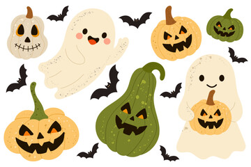 Halloween ghost and pumpkin clipart set with cute cartoon ghosts, carved jack-o’-lanterns in orange, green, and white, spooky bats, and whimsical autumn gourds — perfect for Halloween party invitation