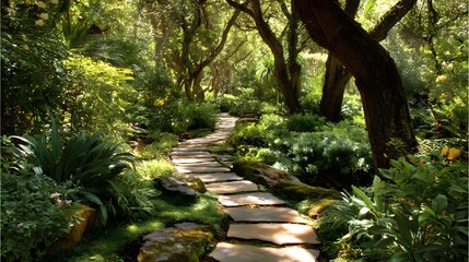 Naklejka premium Sun-drenched pathway winds through a lush garden.