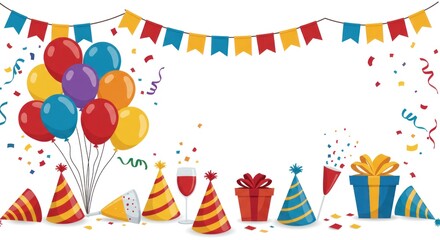 Festive scene with balloons party hats confetti and gifts