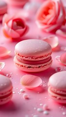 Obraz premium Delicate pink macarons with rose petals on a pink background, perfect for valentines day, romantic celebrations, and sweet gourmet treats