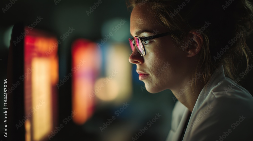 Poster genomic specialist reviewing cascadetesting stages in medium shot digital data screens softly out of