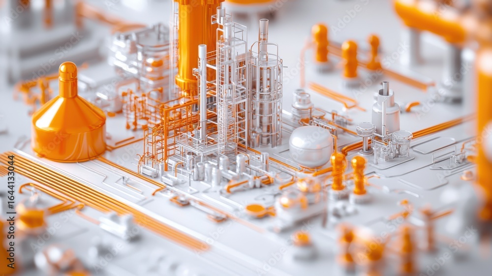 Poster a detailed, abstract representation of industrial structures with orange accents, emphasizing the co