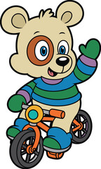 Cartoon bear riding orange bicycle, wearing striped sweater and waving, playful children’s character in motion, vector illustration