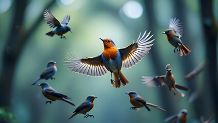 Fototapeta premium A vibrant flock of robins in midflight, wings spread wide, captures the essence of wildlife and the beauty of nature in a lush forest setting