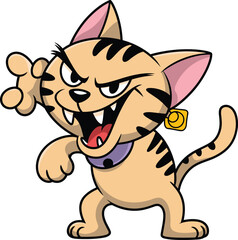 Cartoon beige cat, black stripes, mischievous eyes, sharp fangs, tongue out, raised paw, purple collar, yellow bell, playful pose, vector illustration